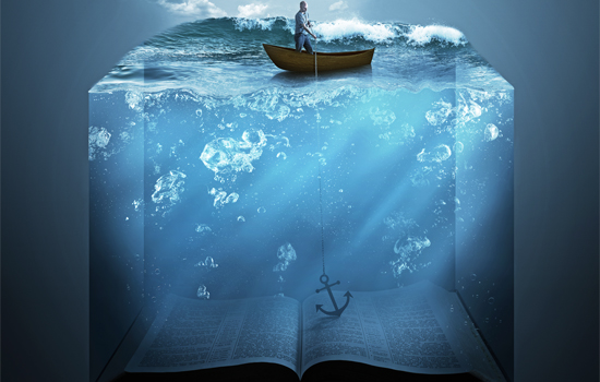 A man throws an anchor down to the bottom of the ocean floor, which is a book.